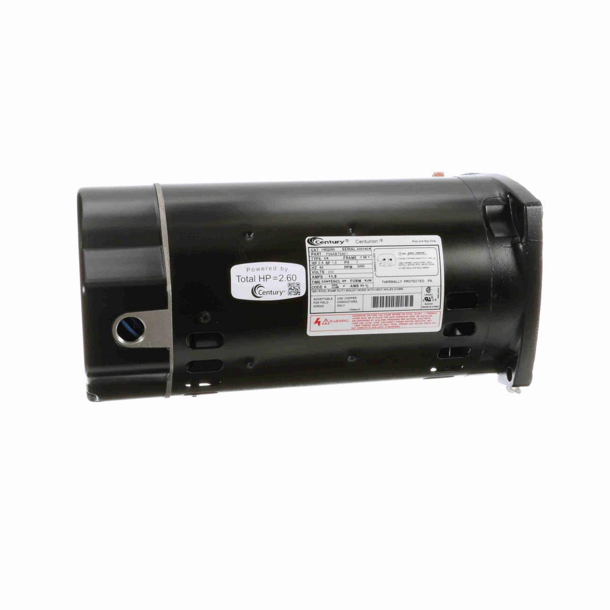 Century Pool Pump Motor, 2.6 HP, 1 Ph, 60 Hz, 230 V, 3600 RPM, Y56Y Frame, DP - HBQ260