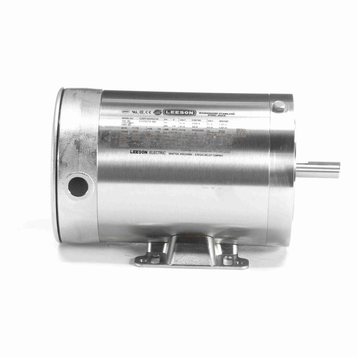 LEESON Premium Duck™ General Purpose Motor, 1 & 0.75 HP, 3 Ph, 60 & 50 Hz, 230/460 & 190/380 V, 3600 & 3000 RPM, 56HC Frame, TENV - 117273.00