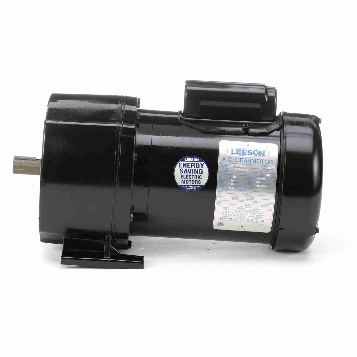 LEESON Parallel Shaft Gearmotor, 0.25 HP, 1 Ph, 60 Hz, 115/208-230 V, 18 RPM, 48Y Frame, TEFC - 107003.00