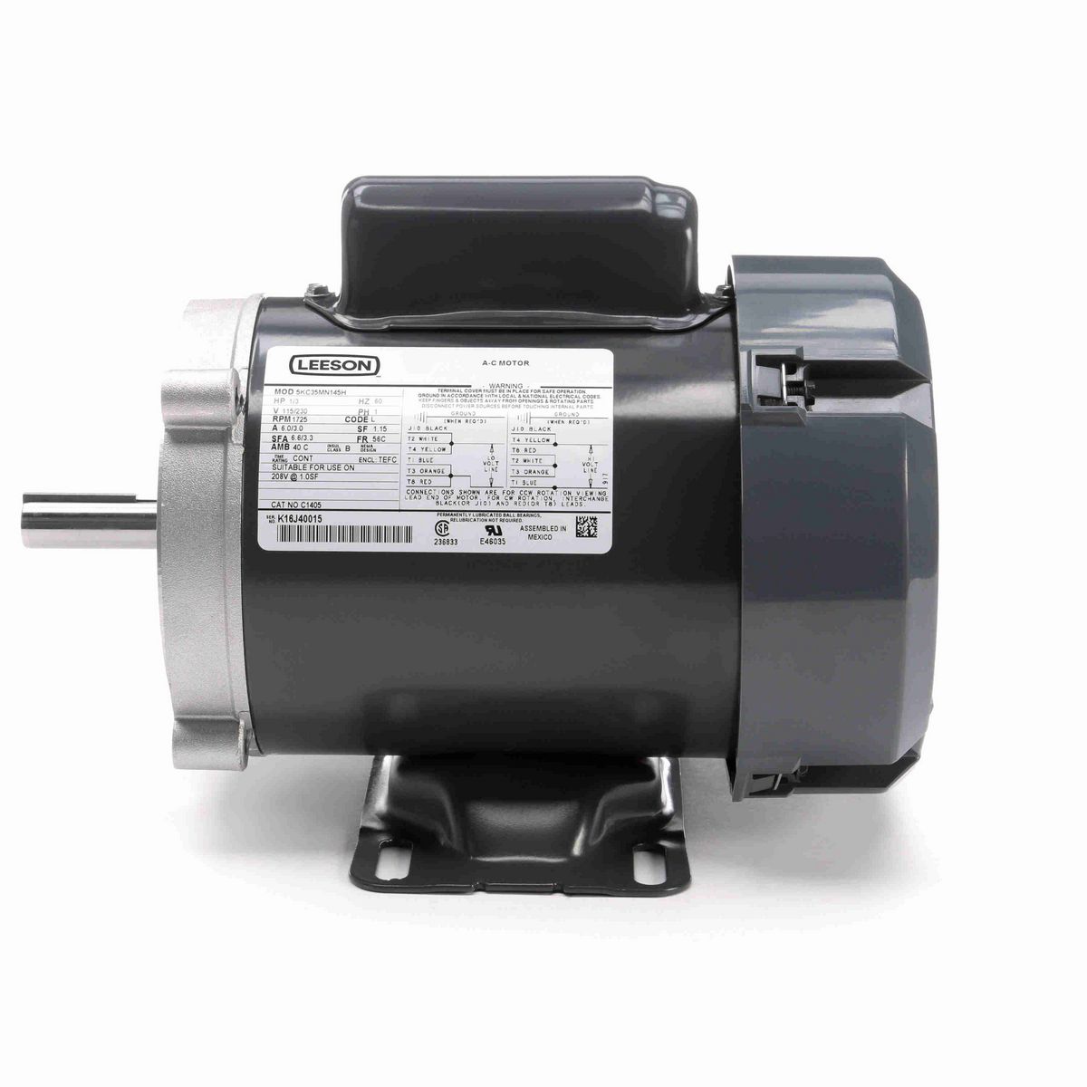 LEESON General Purpose Motor, 0.33 HP, 1 Ph, 60 Hz, 115/230 V, 1800 RPM, 56C Frame, TEFC - C1405