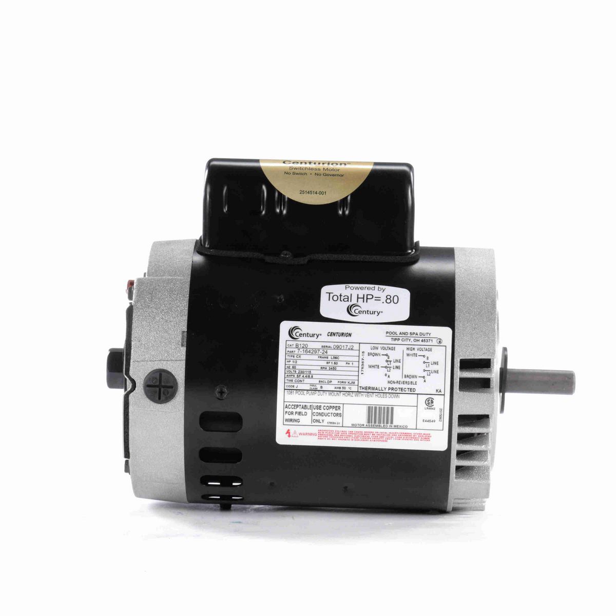 Century Pool Pump Motor, 1/2 HP, 1 Ph, 60 Hz, 230/115 V, 3600 RPM, L56C Frame, DP - B120