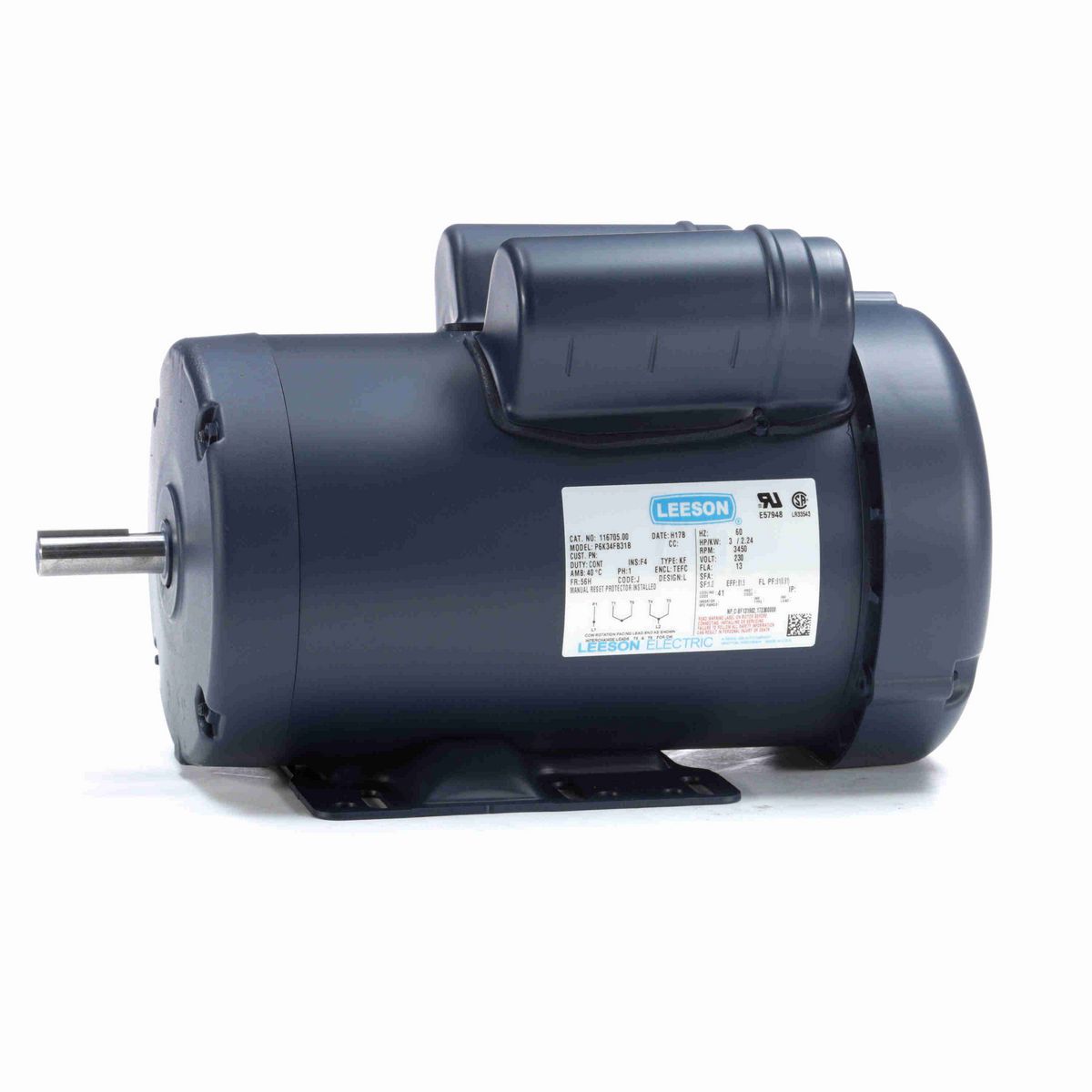 LEESON General Purpose Motor, 3 HP, 1 Ph, 60 Hz, 230 V, 3600 RPM, 56H Frame, TEFC - 116705.00