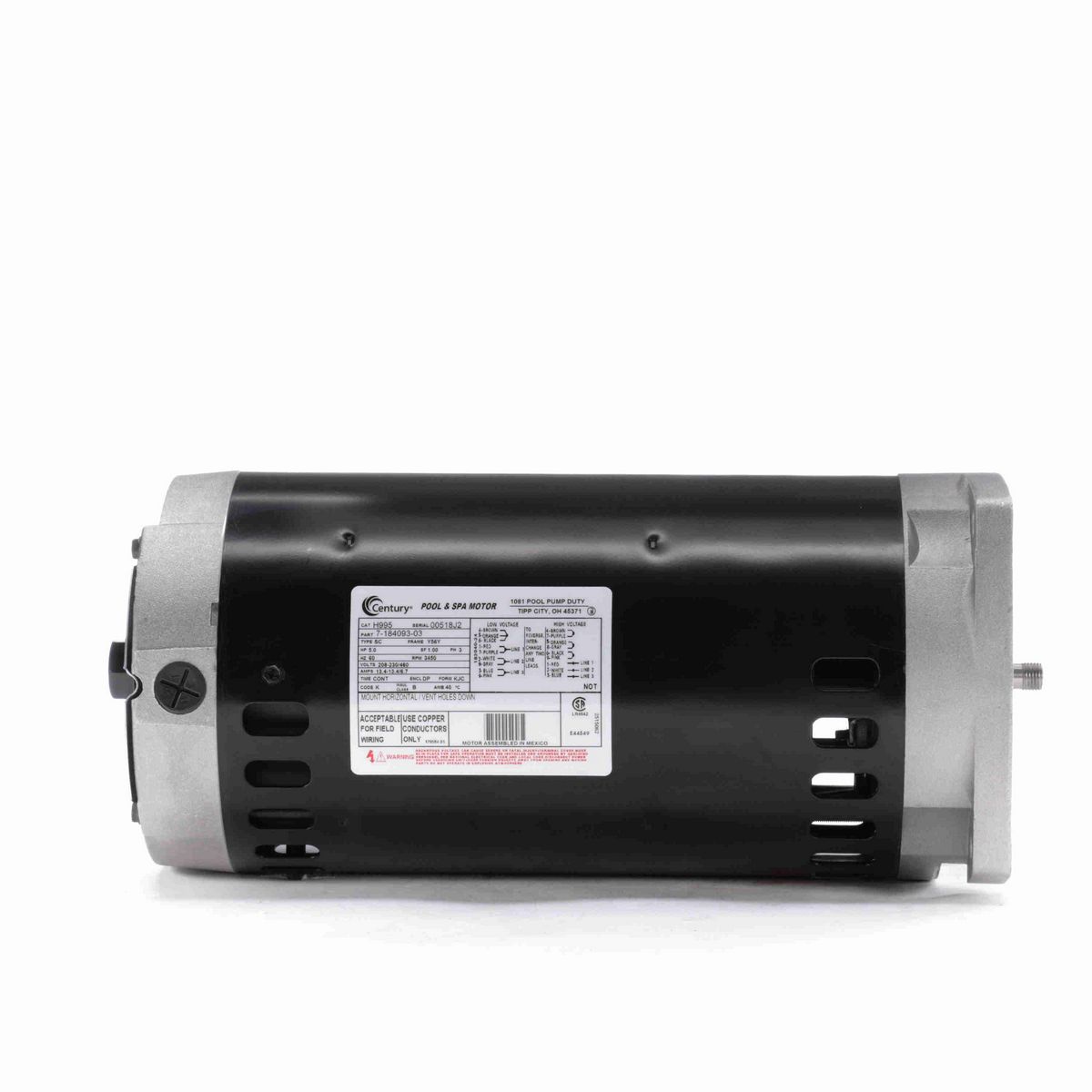 Century Pool Pump Motor, 5.0 HP, 3 Ph, 60 Hz, 208-230/460 V, 3600 RPM, Y56Y Frame, DP - H995