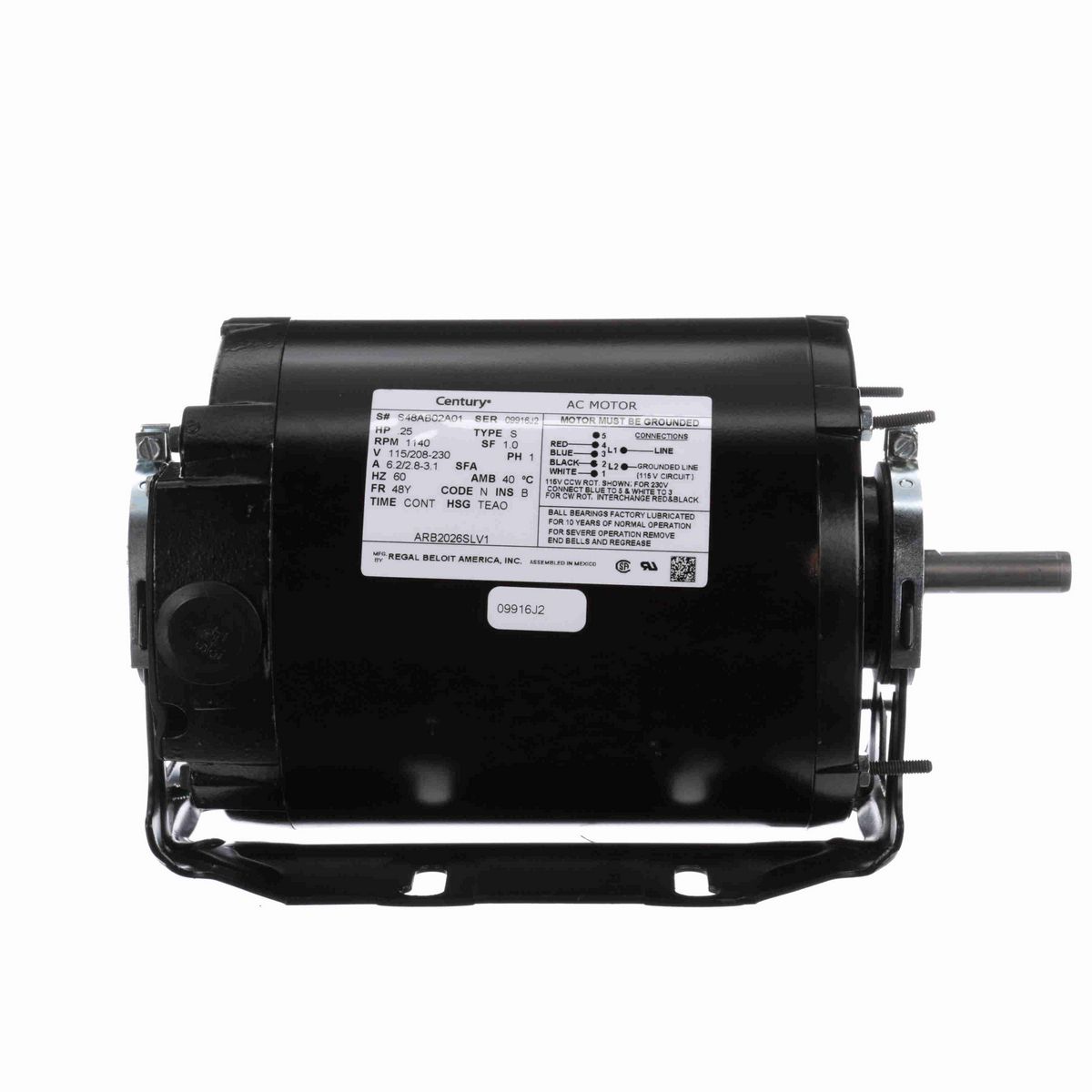 Century Fan and Blower Motor, .25 HP, 1 Ph, 60 Hz, 115/208-230 V, 1200 RPM, 48Y Frame, TEAO - ARB2026SLV1