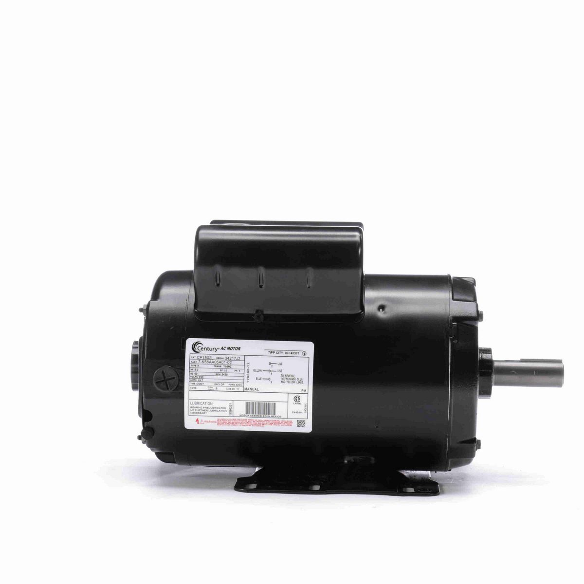 Century Air Compressor Motor, 5.0 HP, 1 Ph, 60 Hz, 230 V, 3600 RPM, Y56HZ Frame, DP - CP1502L