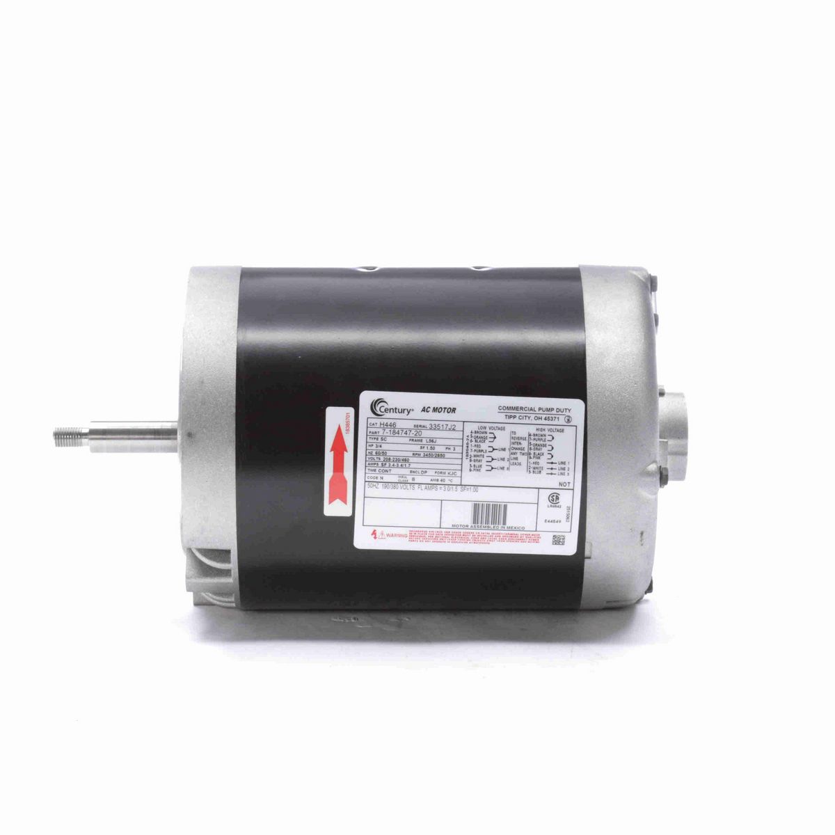 Century General Purpose Pump Motor, 3/4 HP, 3 Ph, 60 Hz, 208-230/460 V, 3600 RPM, L56J Frame, DP - H446