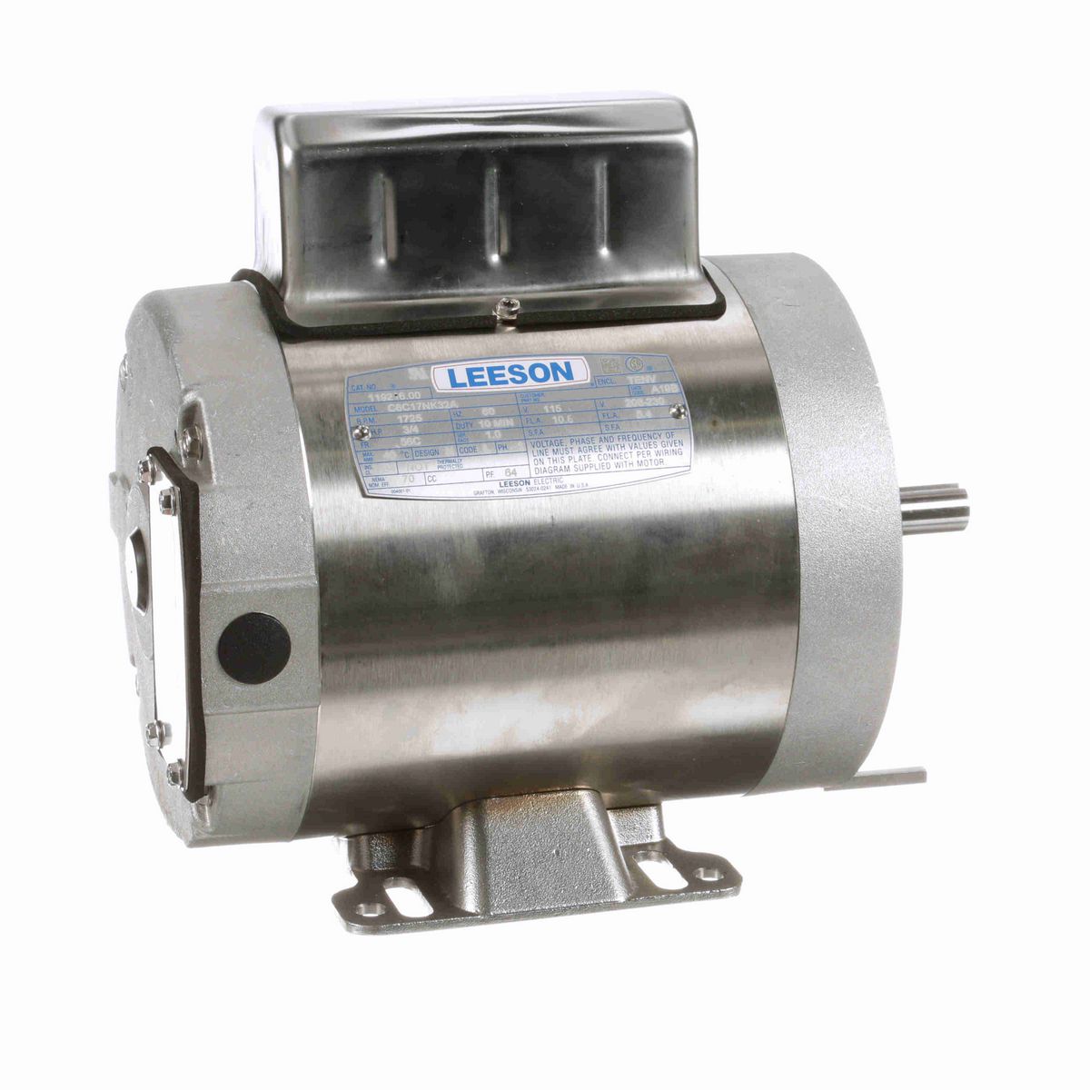 LEESON General Purpose Motor, 0.75 HP, 1 Ph, 60 Hz, 115/208-230 V, 1800 RPM, 56C Frame, TENV - 119216.00