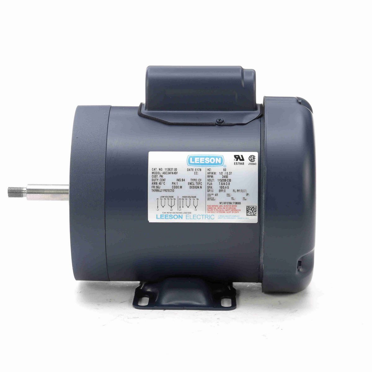 LEESON Jet Pump Motor, 0.50 HP, 1 Ph, 60 Hz, 115/230 V, 3600 RPM, 56J Frame, TEFC - 113637.00