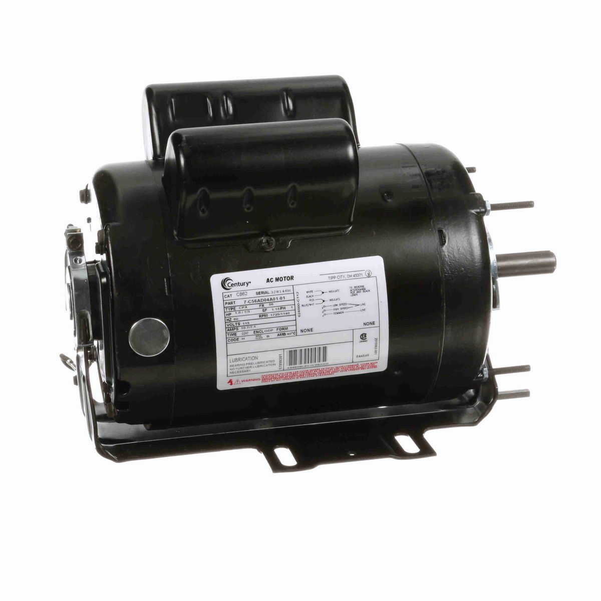 Century General Purpose Motor, 1.0 / 1/3 HP, 1 Ph, 60 Hz, 115 V, 1800 RPM, 56 Frame, ODP - C862