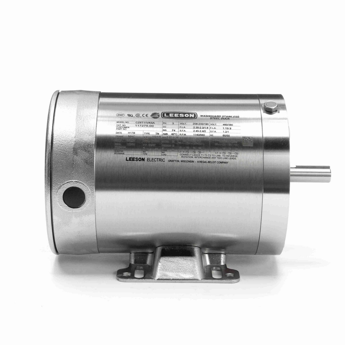 LEESON Premium Duck™ General Purpose Motor, 0.50 & 0.33 HP, 3 Ph, 60 & 50 Hz, 230/460 & 190/380 V, 1200 & 1000 RPM, 56HC Frame, TENV - 117275.00