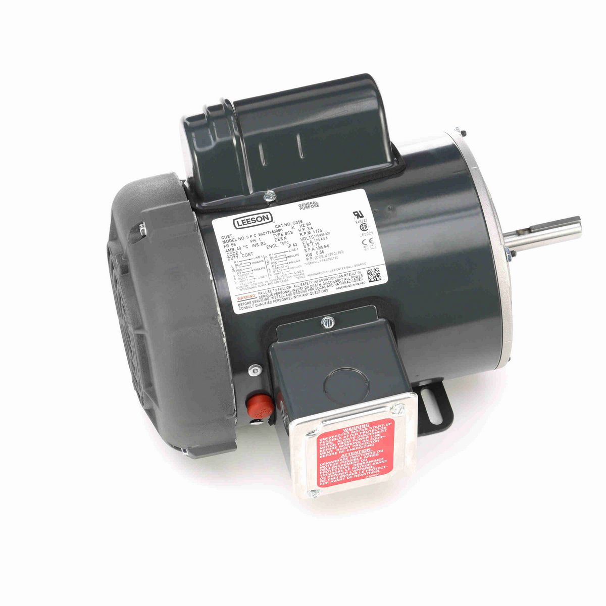 LEESON General Purpose Motor, 0.75 HP, 1 Ph, 60 Hz, 115/208-230 V, 1800 RPM, 56 Frame, TEFC - G356