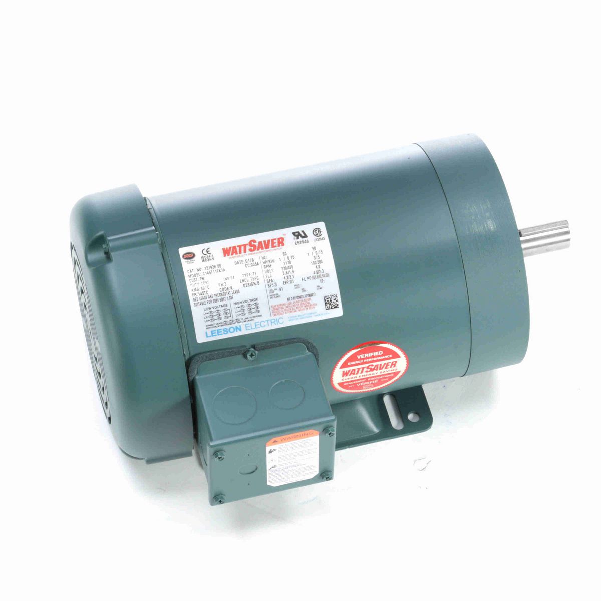 LEESON General Purpose Motor, 1 & 1 HP, 3 Ph, 60 & 50 Hz, 230/460 & 190/380 V, 1200 & 1000 RPM, 145TC Frame, TEFC - 121936.00