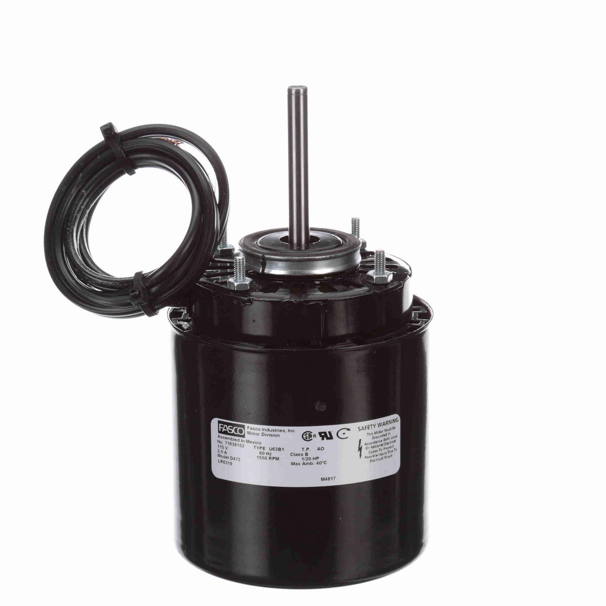 FASCO Refrigeration Motor, 1/20 HP, 1 Ph, 60 Hz, 115 V, 1550 RPM, 1 Speed, 3.3" Diameter, OAO - D472
