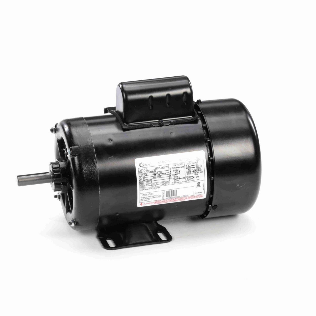 Century General Purpose Farm Duty Motor, 1.0 HP, 1 Ph, 60 Hz, 230/115 V, 1800 RPM, L56 Frame, TEFC - C313
