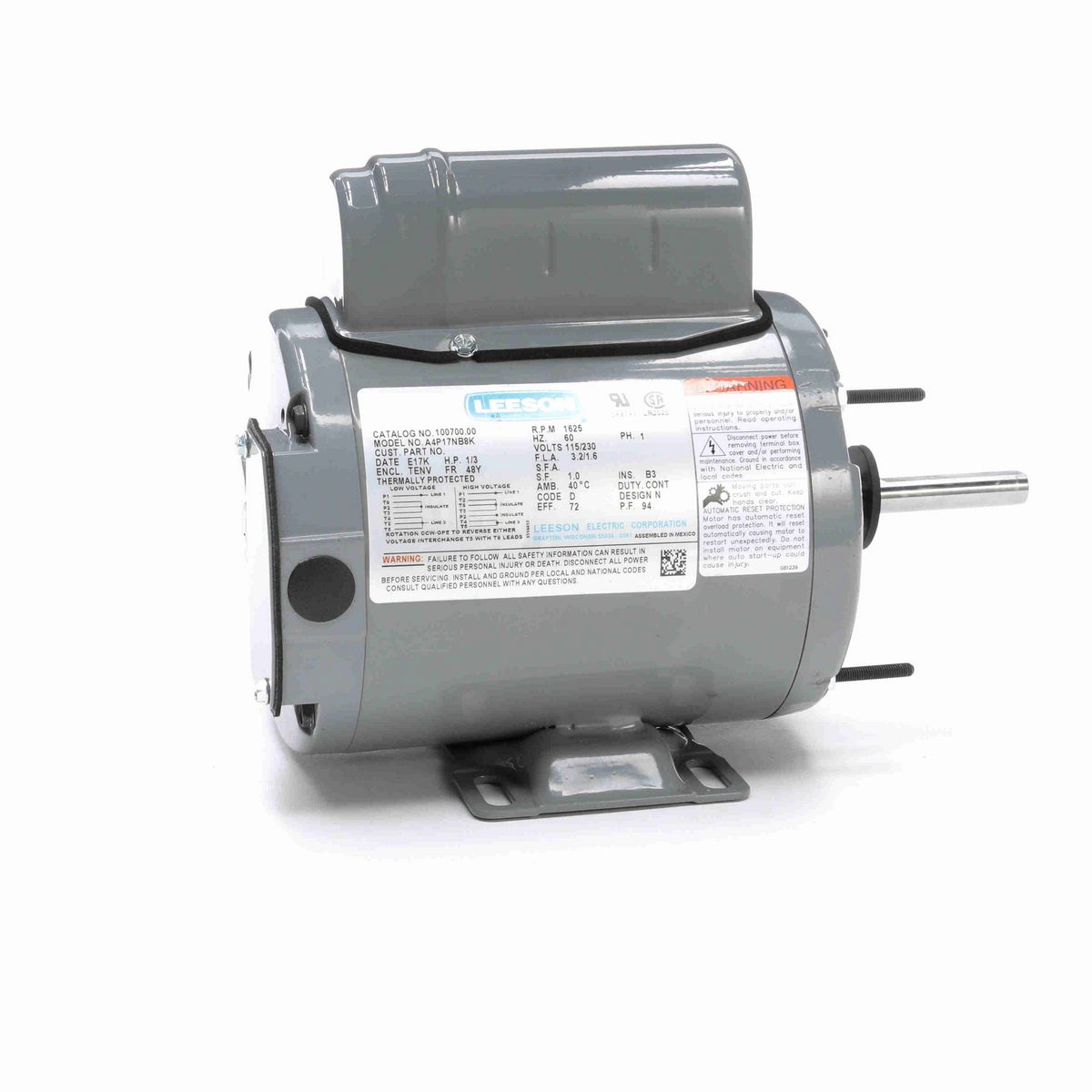 LEESON Agricultural Motor, 0.33 HP, 1 Ph, 60 Hz, 115/230 V, 1800 RPM, 48Y Frame, TENV - M099800.00