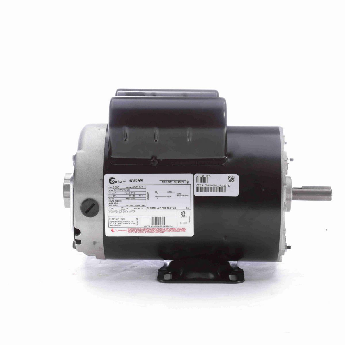 Century Air Compressor Motor, 5 SPL HP, 1 Ph, 60 Hz, 208-230 V, 3600 RPM, P56 Frame, DP - B385