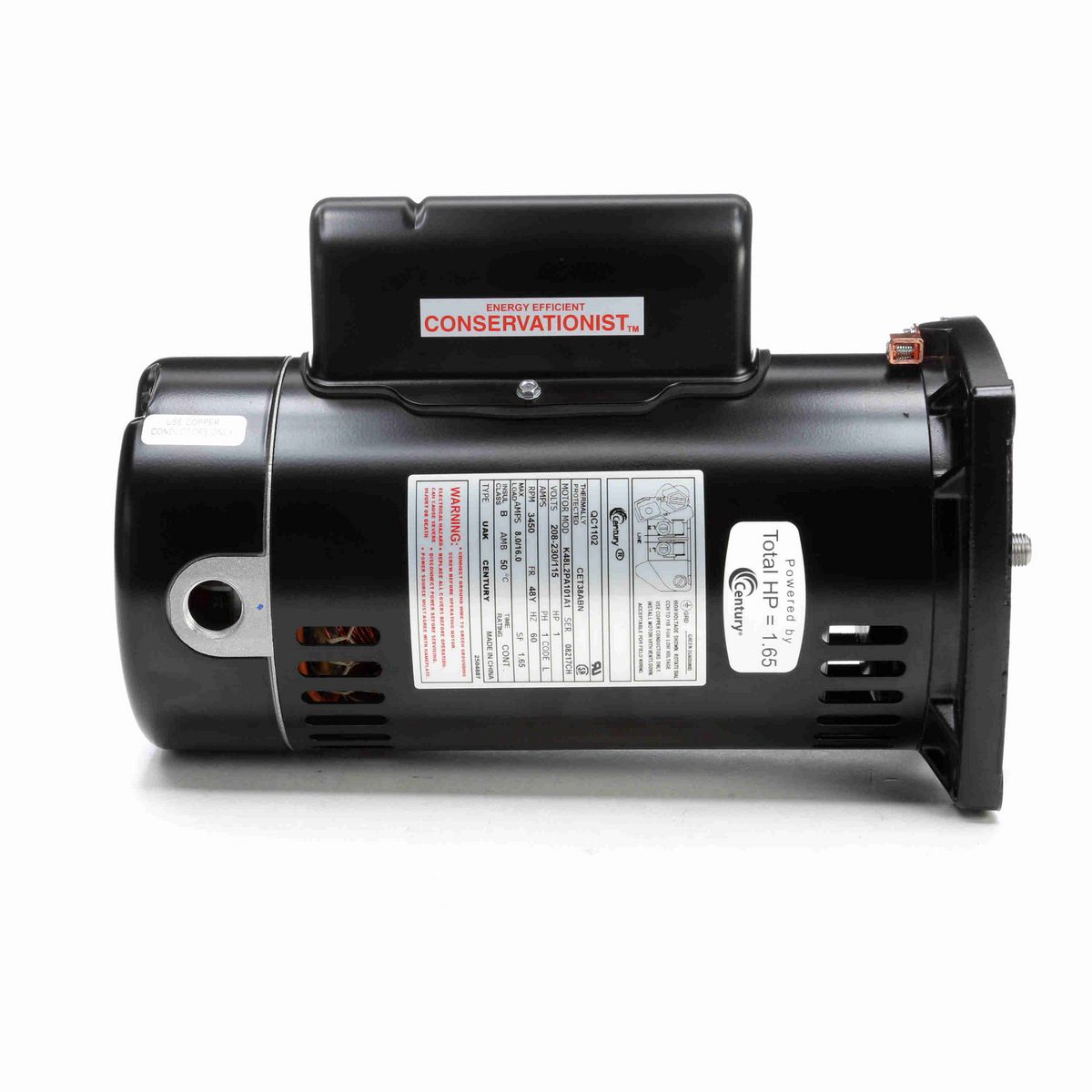 Century Pool Pump Motor, 1 HP, 1 Ph, 60 Hz, 208-230/115 V, 3600 RPM, 48Y Frame, ODP - QC1102