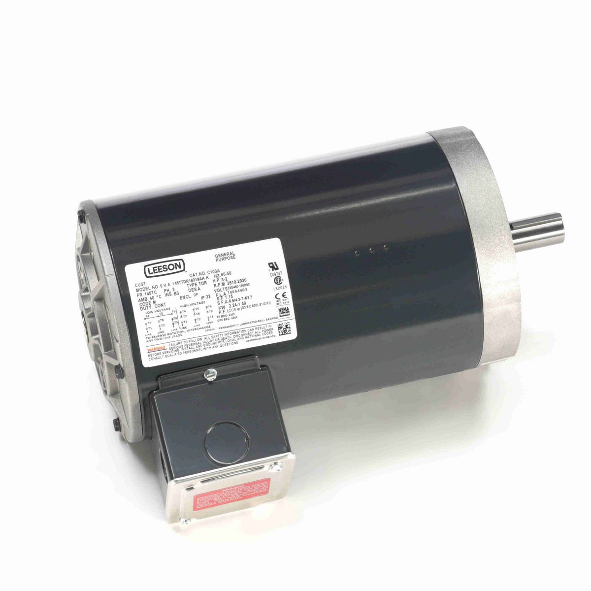 LEESON General Purpose Motor, 3 & 2 HP, 3 Ph, 60 & 50 Hz, 230/460 & 190/380 V, 3600 & 3000 RPM, 145TC Frame, DP - C103A