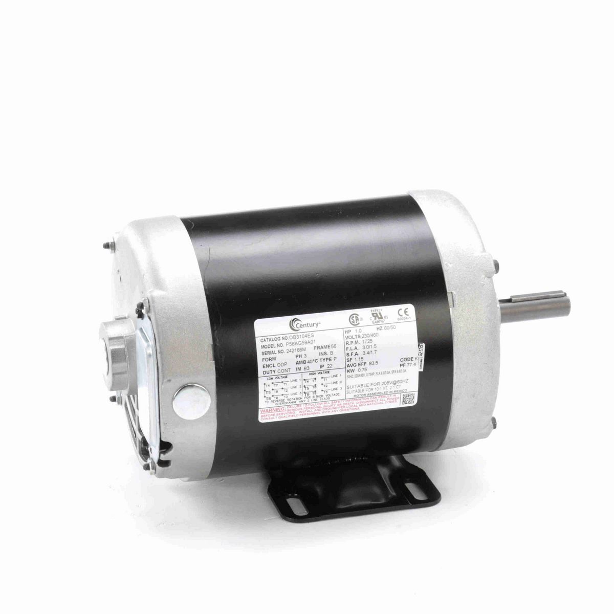 Century General Purpose Motor, 1.0 HP, 3 Ph, 60 Hz, 230/460 V, 1800 RPM, 56 Frame, ODP - OB3104ES
