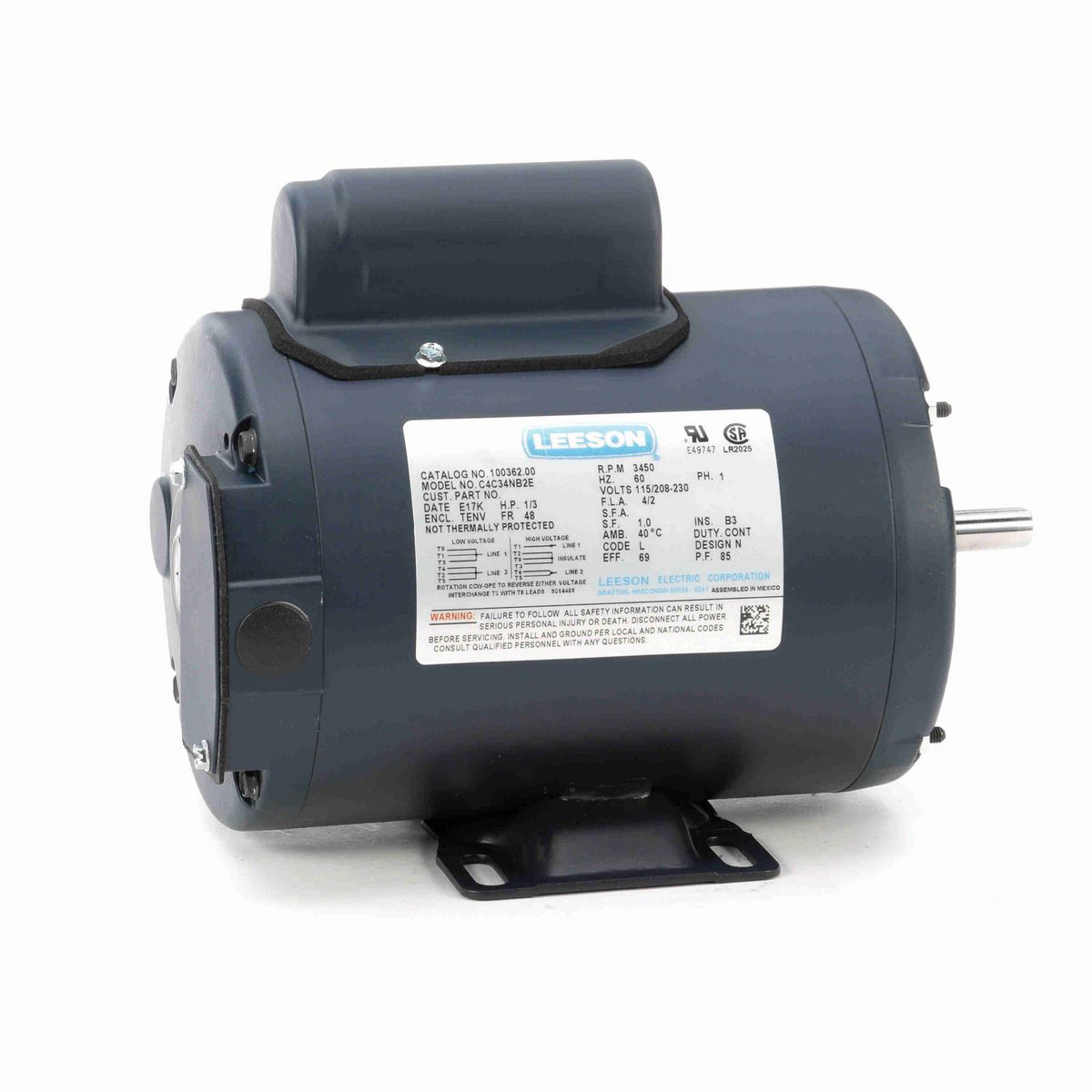 LEESON General Purpose Motor, 0.33 HP, 1 Ph, 60 Hz, 115/230 V, 3600 RPM, 48 Frame, TENV - 100362.00