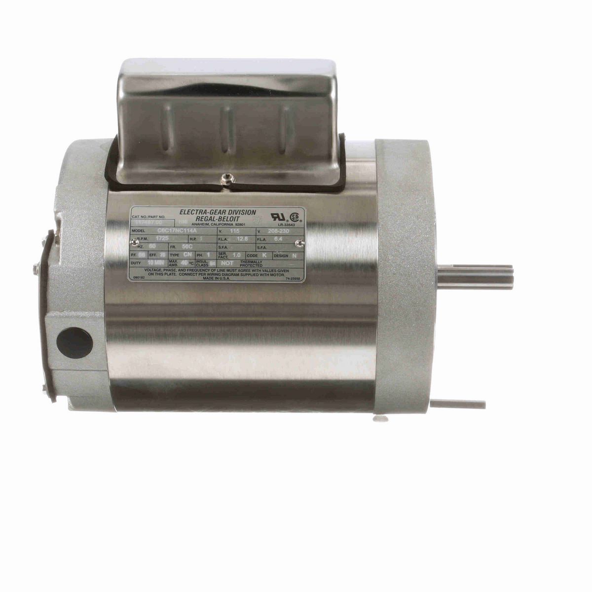 LEESON General Purpose Motor, 1 HP, 1 Ph, 60 Hz, 115/208-230 V, 1800 RPM, 56C Frame, TENV - 117497.00