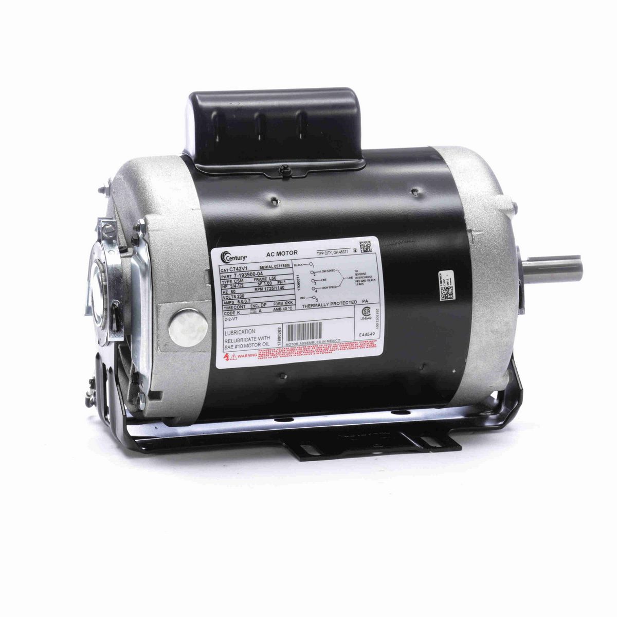 Century Fan and Blower Motor, 3/4-1/3 HP, 1 Ph, 60 Hz, 230 V, 1800 RPM, L56 Frame, DP - C742V1