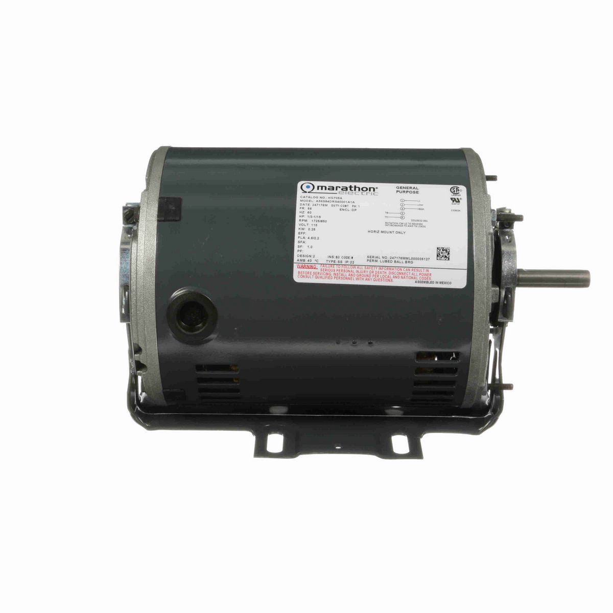 LEESON Fan and Blower Motor, 0.33 & 0.07 HP, 1 Ph, 60 Hz, 115 & 115 V, 1800 & 1800 RPM, 56Z Frame, DP - HG705A