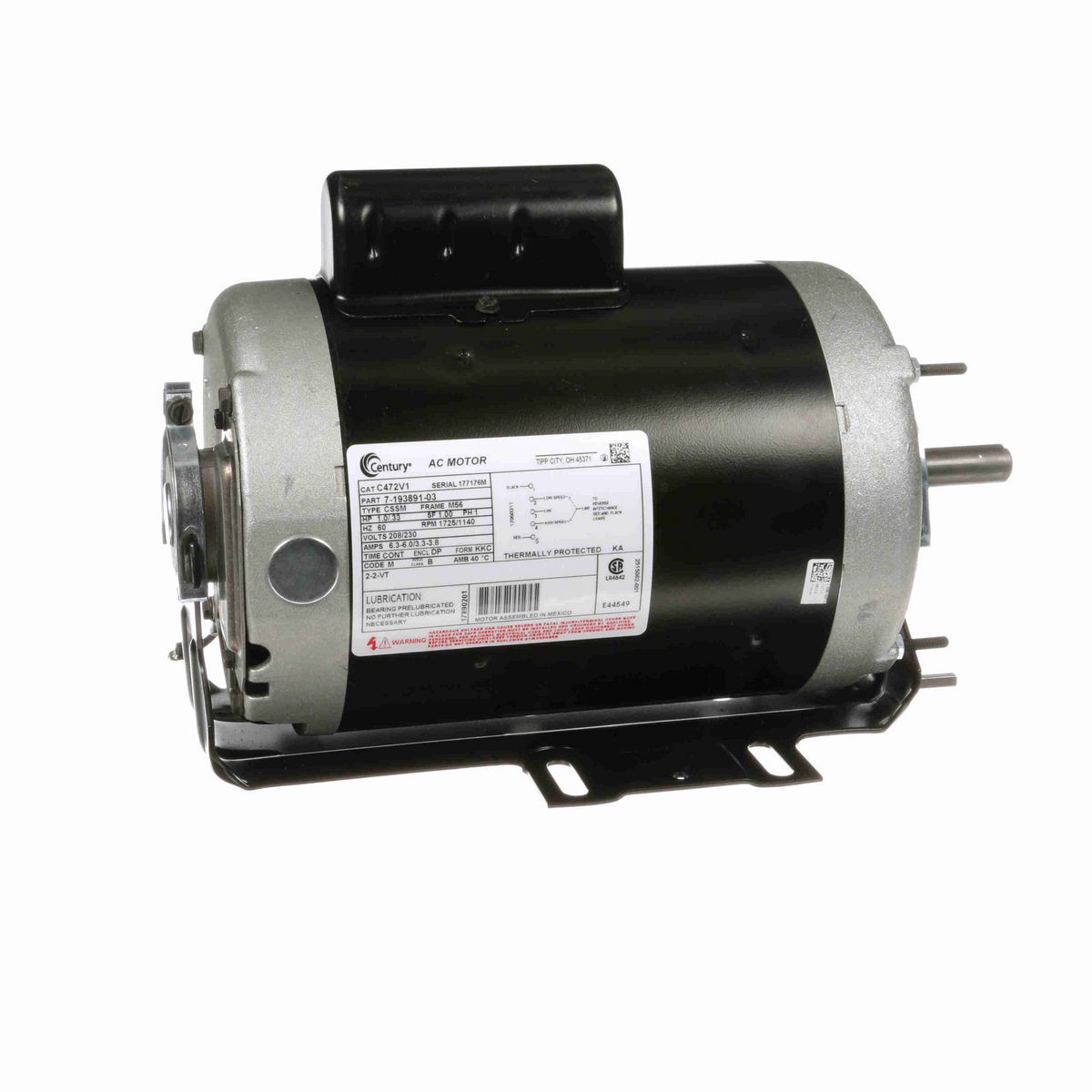Century Fan and Blower Motor, 1.0/.33 HP, 1 Ph, 60 Hz, 208/230 V, 1800 RPM, M56 Frame, DP - C472V1