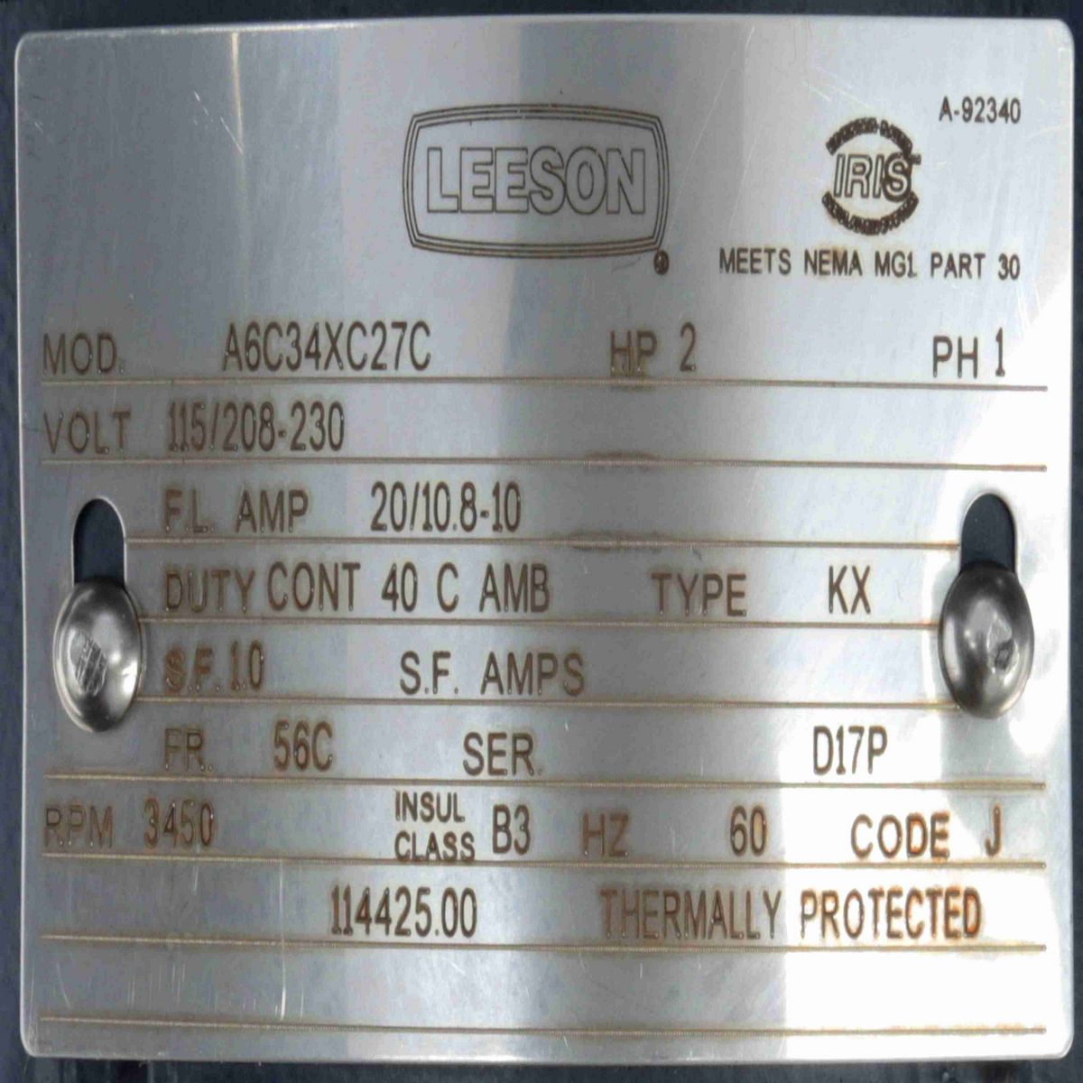 LEESON Explosion Proof Motor, 2 HP, 1 Ph, 60 Hz, 115/208-230 V, 3600 RPM, 56C Frame, EPFC - 114425.00