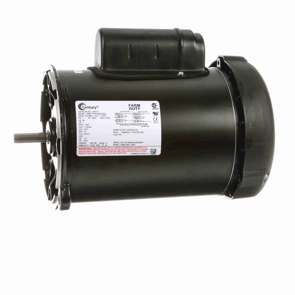 Century Auger Drive Motor, 0.5 HP, 1 Ph, 60 Hz, 115/230 V, 1800 RPM, 56NY Frame, TEFC - C331V1