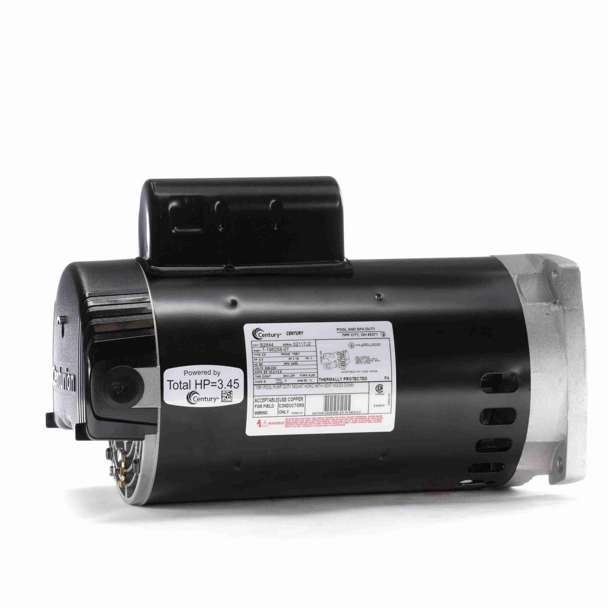Century Pool Pump Motor, 3.0 HP, 1 Ph, 60 Hz, 208-230 V, 3600 RPM, Y56Y Frame, DP - B2844