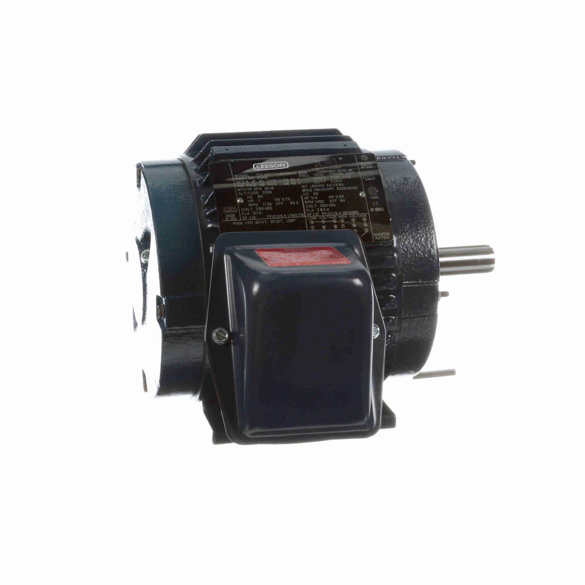 LEESON General Purpose Motor, 1 & 0.75 HP, 3 Ph, 60 & 50 Hz, 230/460 & 200/400 V, 1800 & 1500 RPM, 143T Frame, TENV - E349