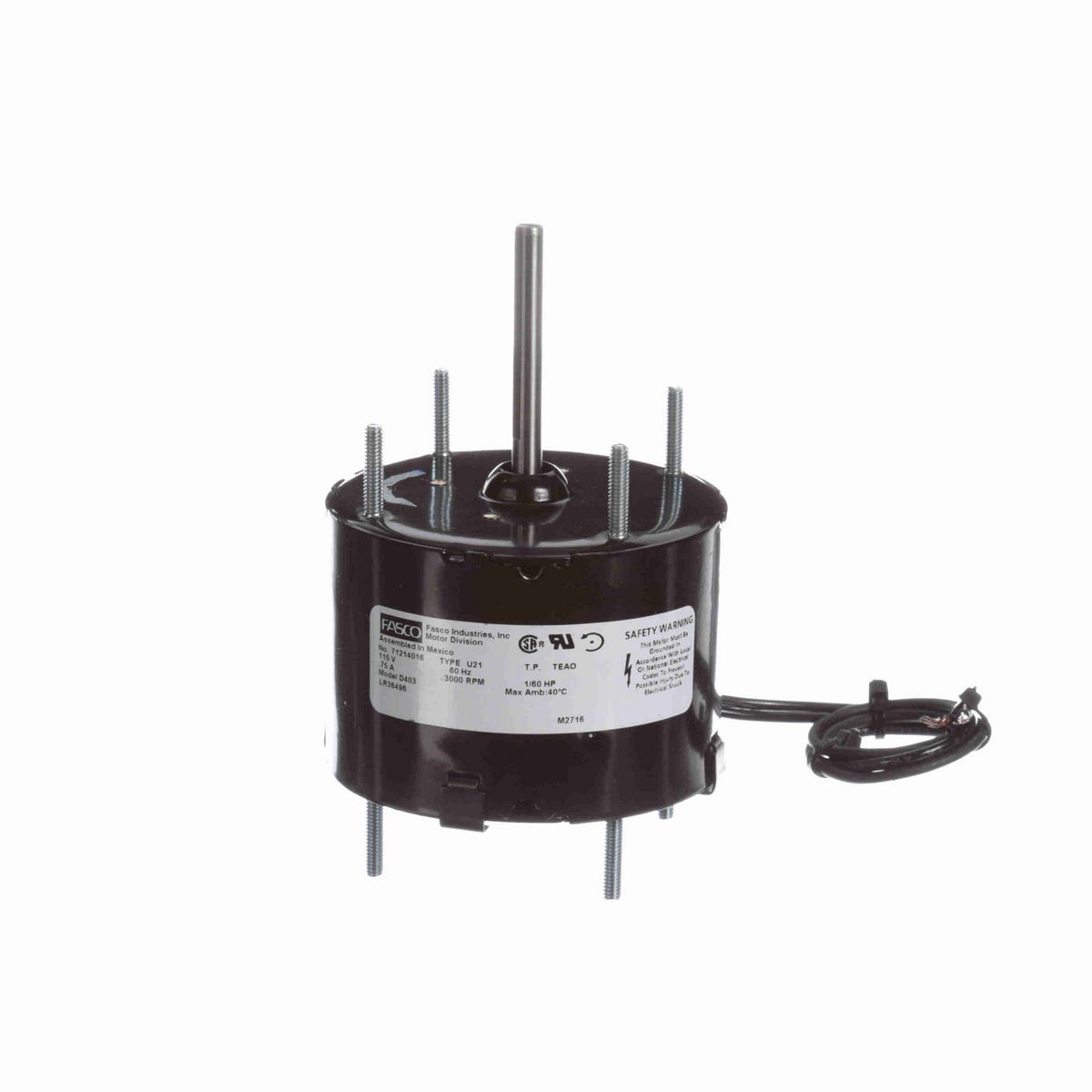 FASCO Fan and Blower Motor, 1/60 HP, 1 Ph, 60 Hz, 115 V, 3000 RPM, 1 Speed, 3.3" Diameter, ENCLOSED - D403