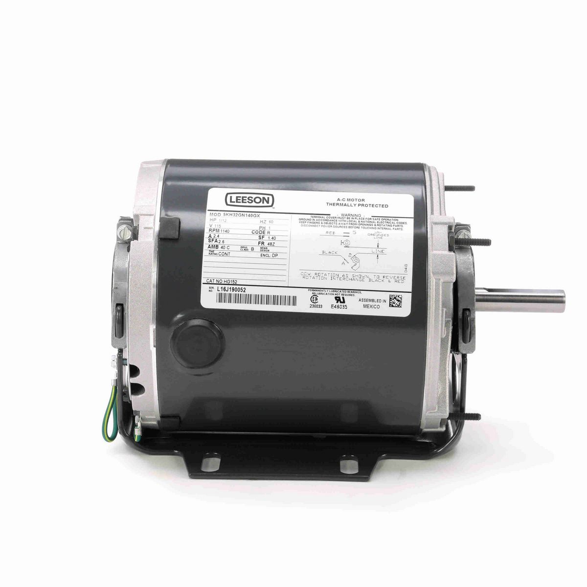 LEESON Fan and Blower Motor, 0.08 HP, 1 Ph, 60 Hz, 115 V, 1200 RPM, 48Z Frame, DP - HG152