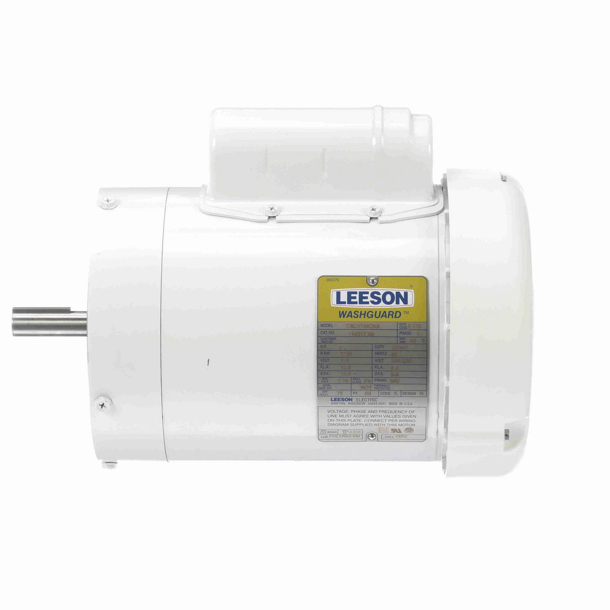 LEESON White Duck™ General Purpose Motor, 1 HP, 1 Ph, 60 Hz, 115/230 V, 1800 RPM, 56C Frame, TEFC - 114317.00