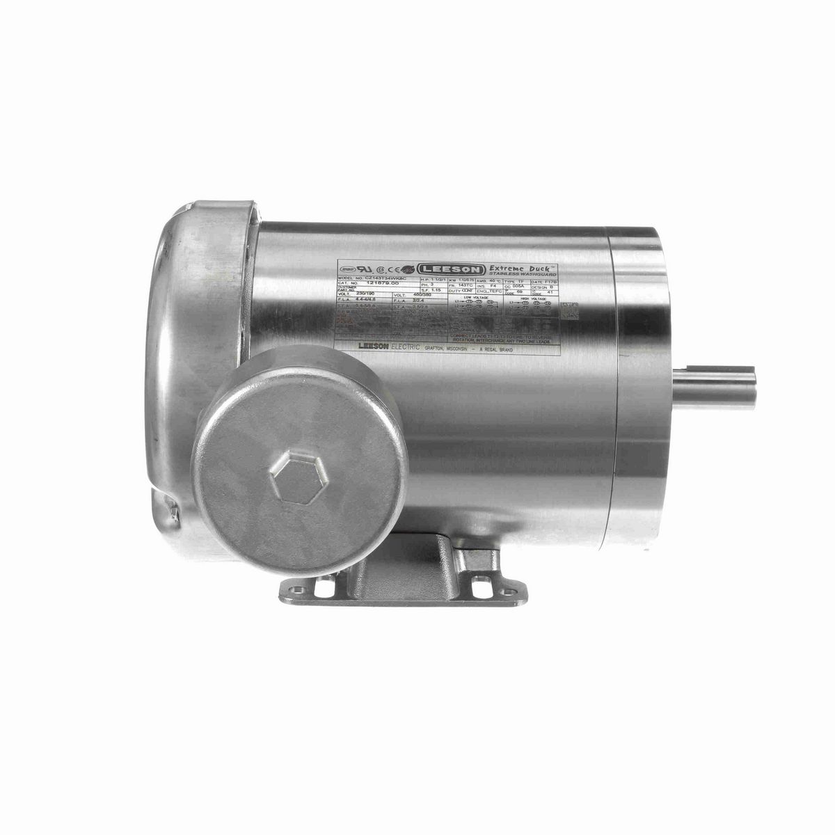 LEESON Extreme Duck® Ultra General Purpose Motor, 1.50 & 1 HP, 3 Ph, 60 & 50 Hz, 230/460 & 190/380 V, 3600 & 3000 RPM, 143TC Frame, TEFC - 121879.00