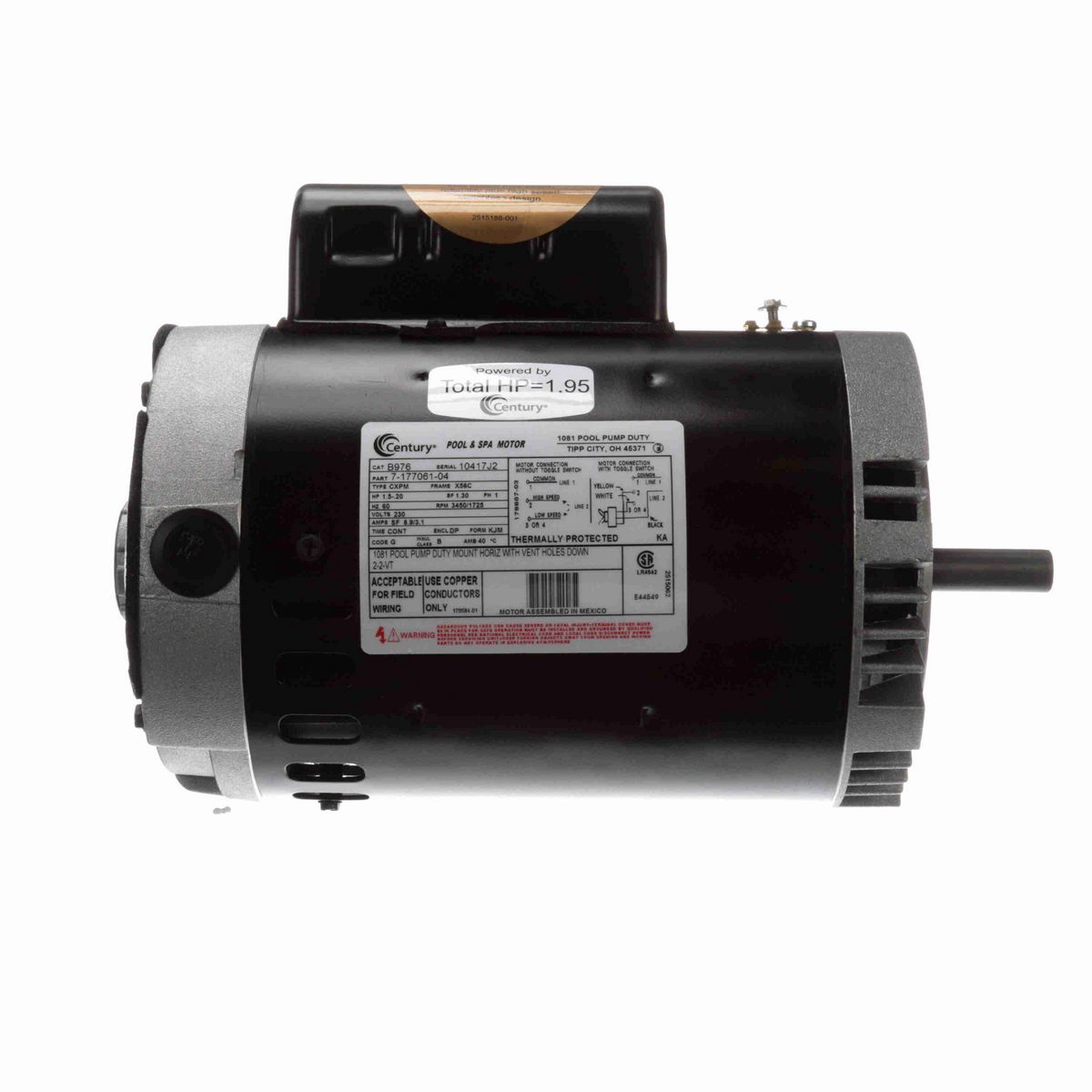 Century Pool Pump Motor, 1.5-.20 HP, 1 Ph, 60 Hz, 230 V, 3600 RPM, X56C Frame, DP - B976
