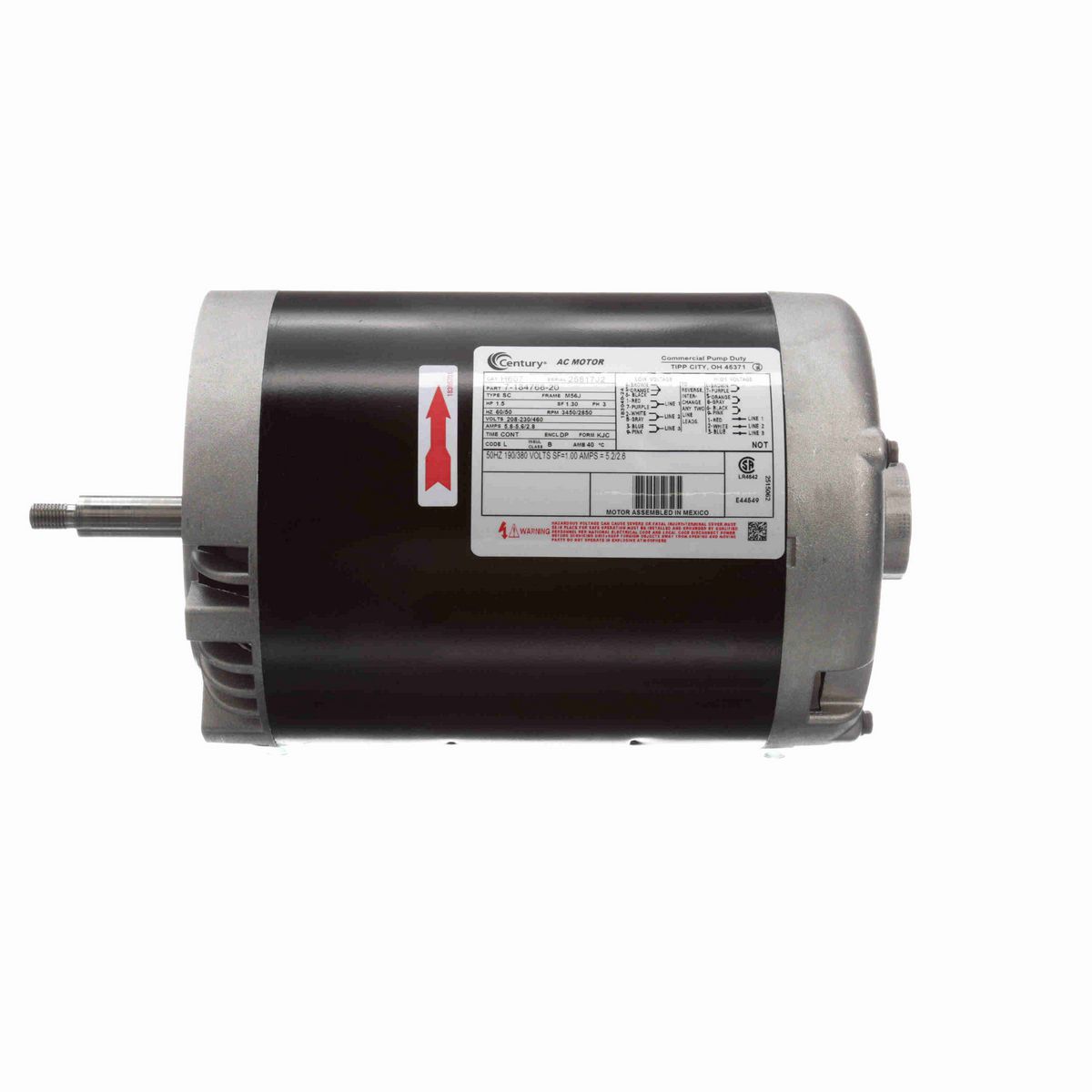 Century General Purpose Pump Motor, 1.5 HP, 3 Ph, 60 Hz, 208-230/460 V, 3600 RPM, M56J Frame, DP - H607