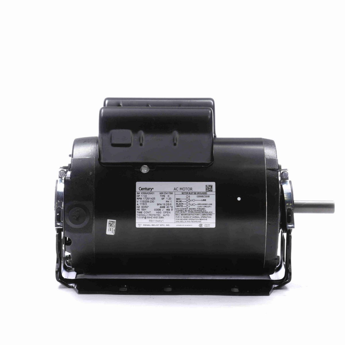 Century Fan and Blower Motor, 1 1/2 HP, 1 Ph, 60/50* Hz, 115/208-230 V, 1800 RPM, 56H Frame, OPEN - RB1154AV1