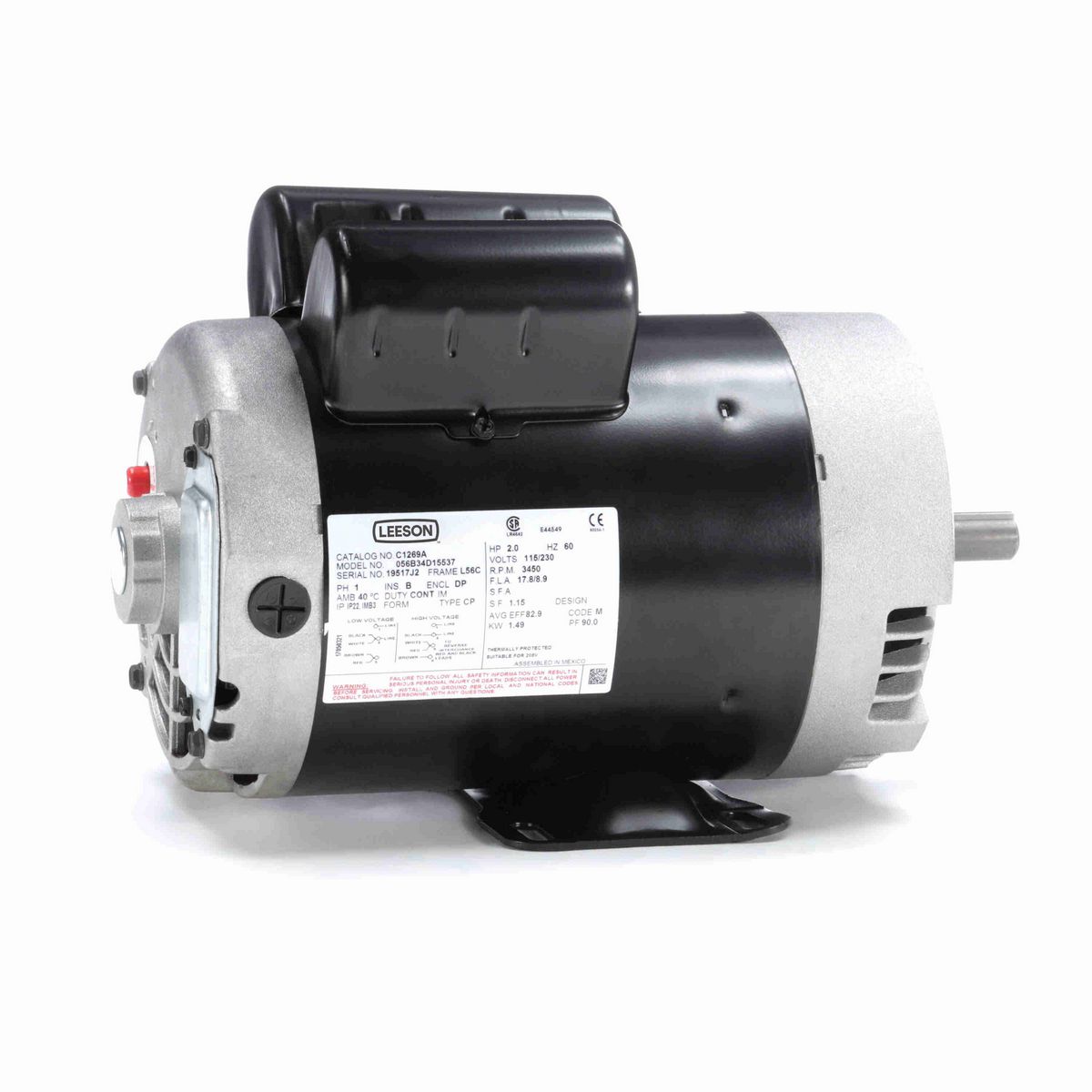 LEESON General Purpose Motor, 2 HP, 1 Ph, 60 Hz, 115/230 V, 3600 RPM, 56C Frame, DP - C1269A
