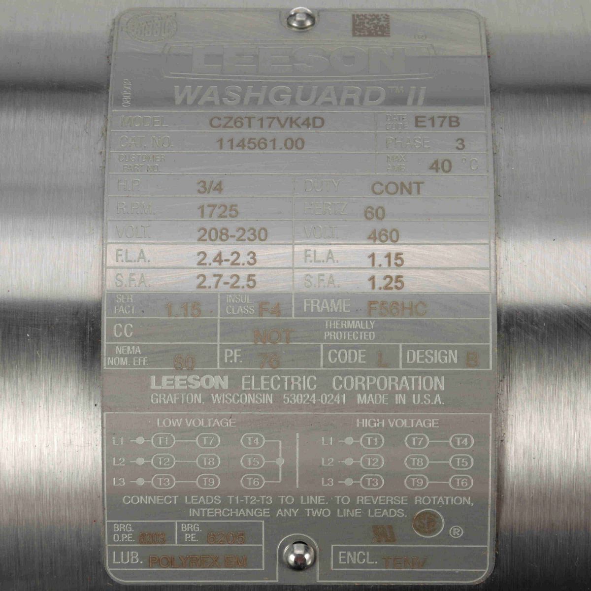 LEESON Washguard® ll General Purpose Motor, 0.75 HP, 3 Ph, 60 Hz, 230/460 V, 1800 RPM, 56HC Frame, TENV - 114561.00