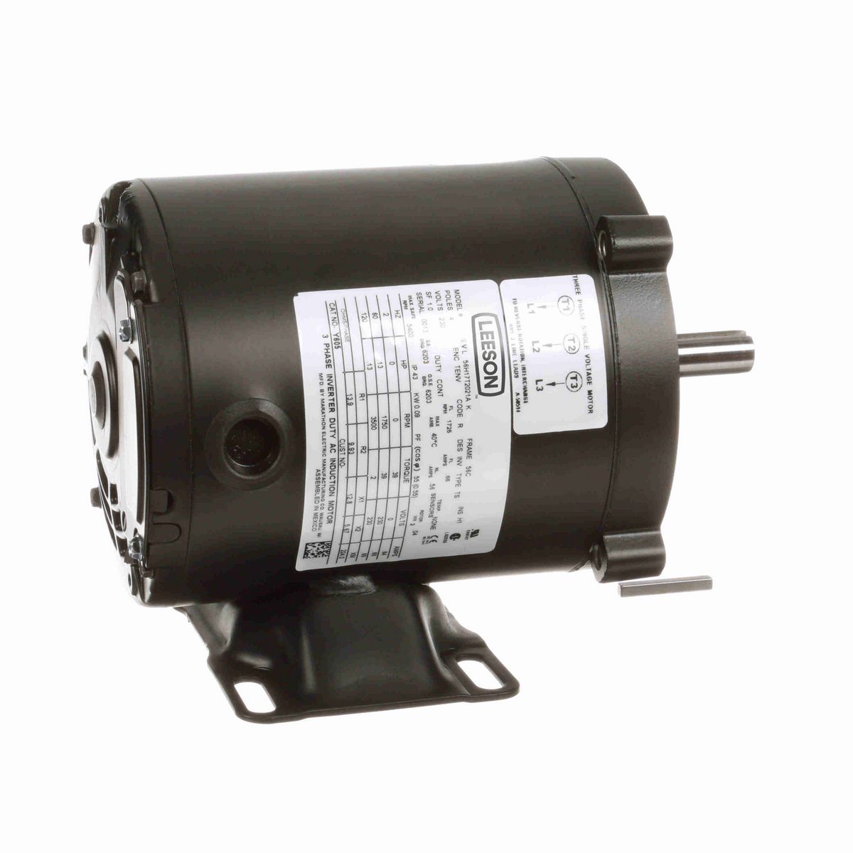 LEESON Speed Ratio Motor, 0.13 HP, 3 Ph, 60 Hz, 230 V, 1800 RPM, 56C Frame, TENV - Y605