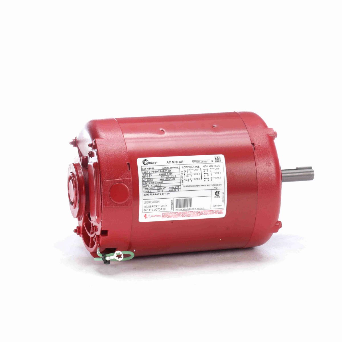 Century Circulator Pump Motor, 1.0 HP, 3 Ph, 60/50 Hz, 208-230/460 V, 1800 RPM, FA56None Frame, DP - H946L