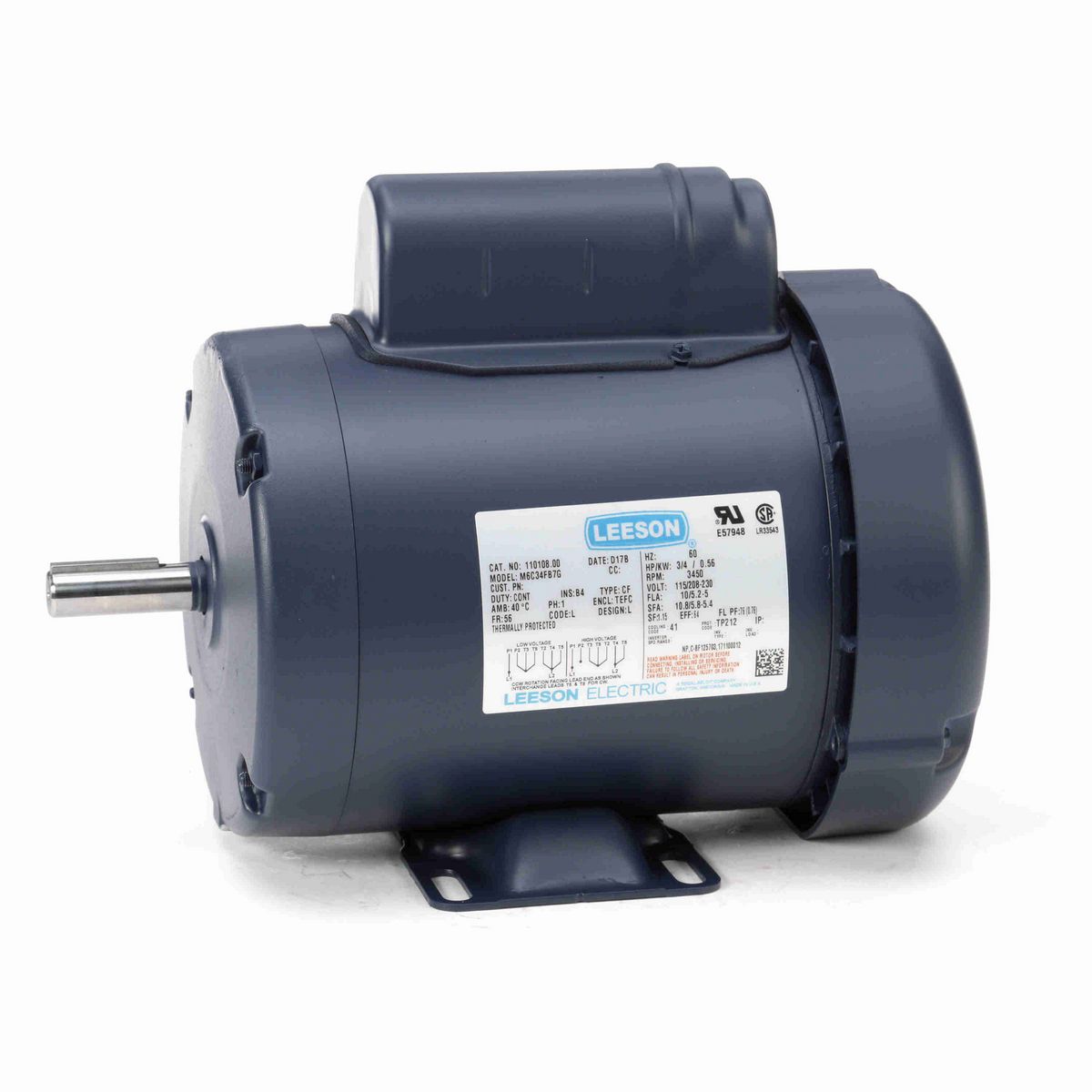 LEESON General Purpose Motor, 0.75 HP, 1 Ph, 60 Hz, 115/230 V, 3600 RPM, 56 Frame, TEFC - 110108.00