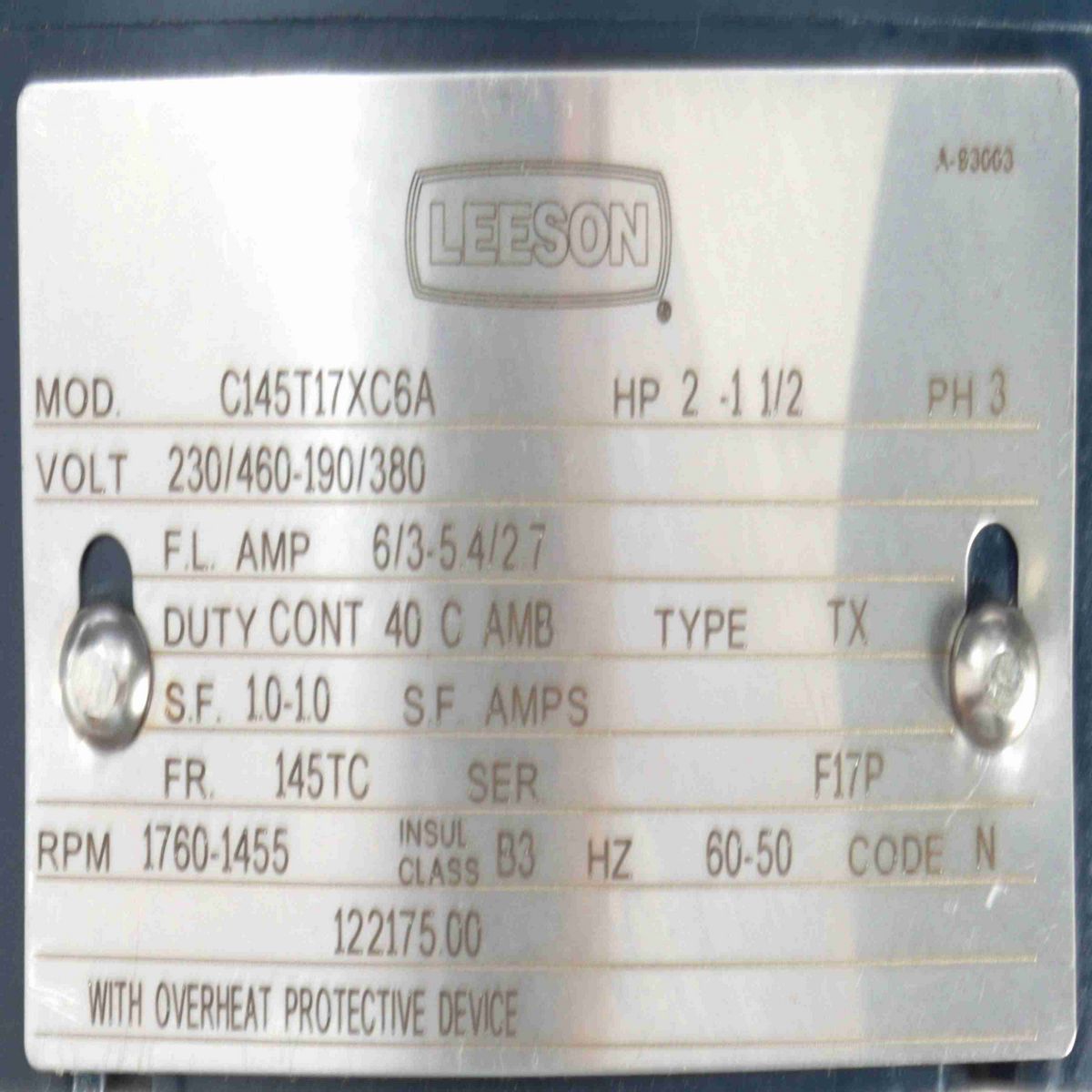 LEESON Explosion Proof Motor, 2 & 1.50 HP, 3 Ph, 60 & 50 Hz, 230/460 & 190/380 V, 1800 & 1500 RPM, 145TC Frame, EPFC - 122175.00