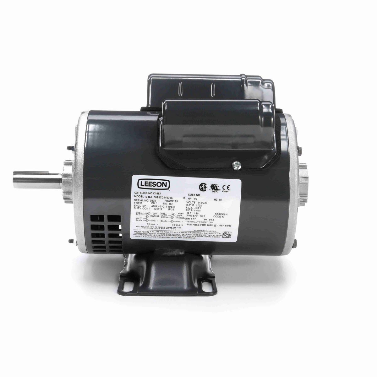 LEESON General Purpose Motor, 0.50 HP, 1 Ph, 60 Hz, 115/230 V, 1800 RPM, 56 Frame, DP - C168A