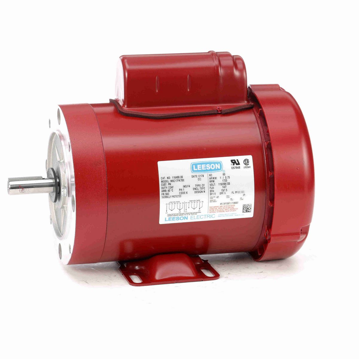 LEESON Agricultural Motor, 1 HP, 1 Ph, 60 Hz, 115/230 V, 1800 RPM, 56C Frame, TEFC - 116488.00