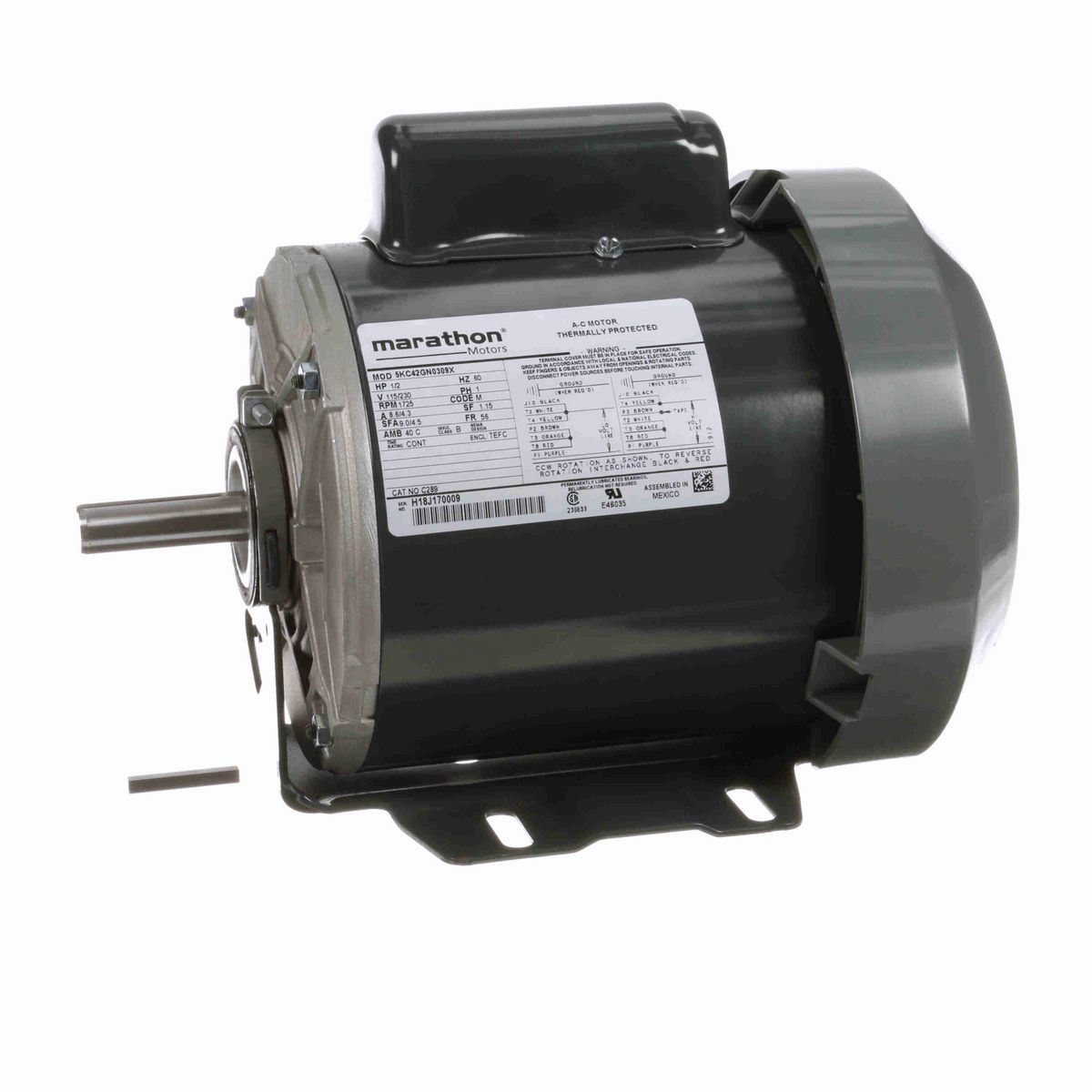 LEESON General Purpose Motor, 0.50 HP, 1 Ph, 60 Hz, 115/230 V, 1800 RPM, 56 Frame, TEFC - C289