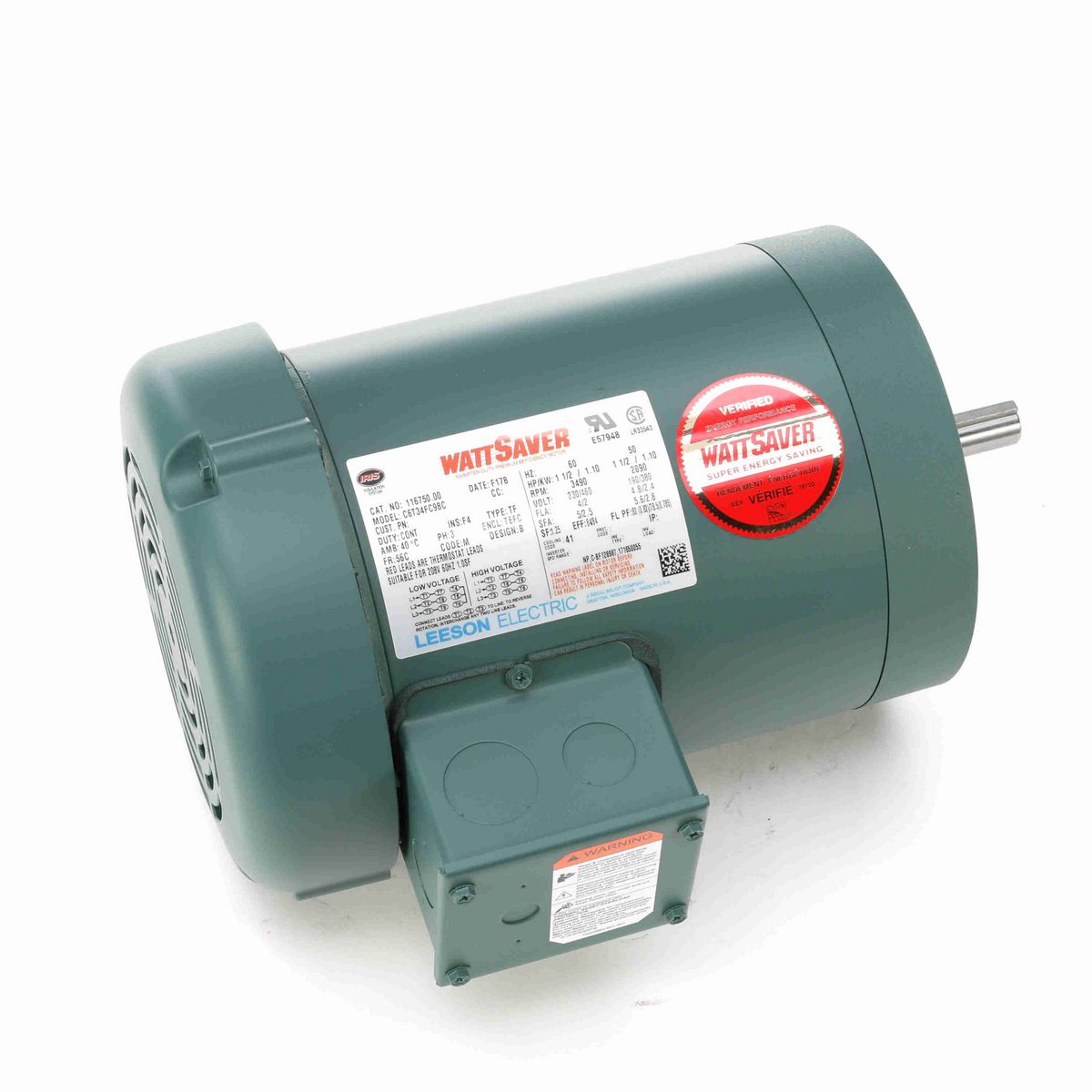 LEESON General Purpose Motor, 1.50 & 1.50 HP, 3 Ph, 60 & 50 Hz, 230/460 & 190/380 V, 3600 & 3000 RPM, 56C Frame, TEFC - 116750.00