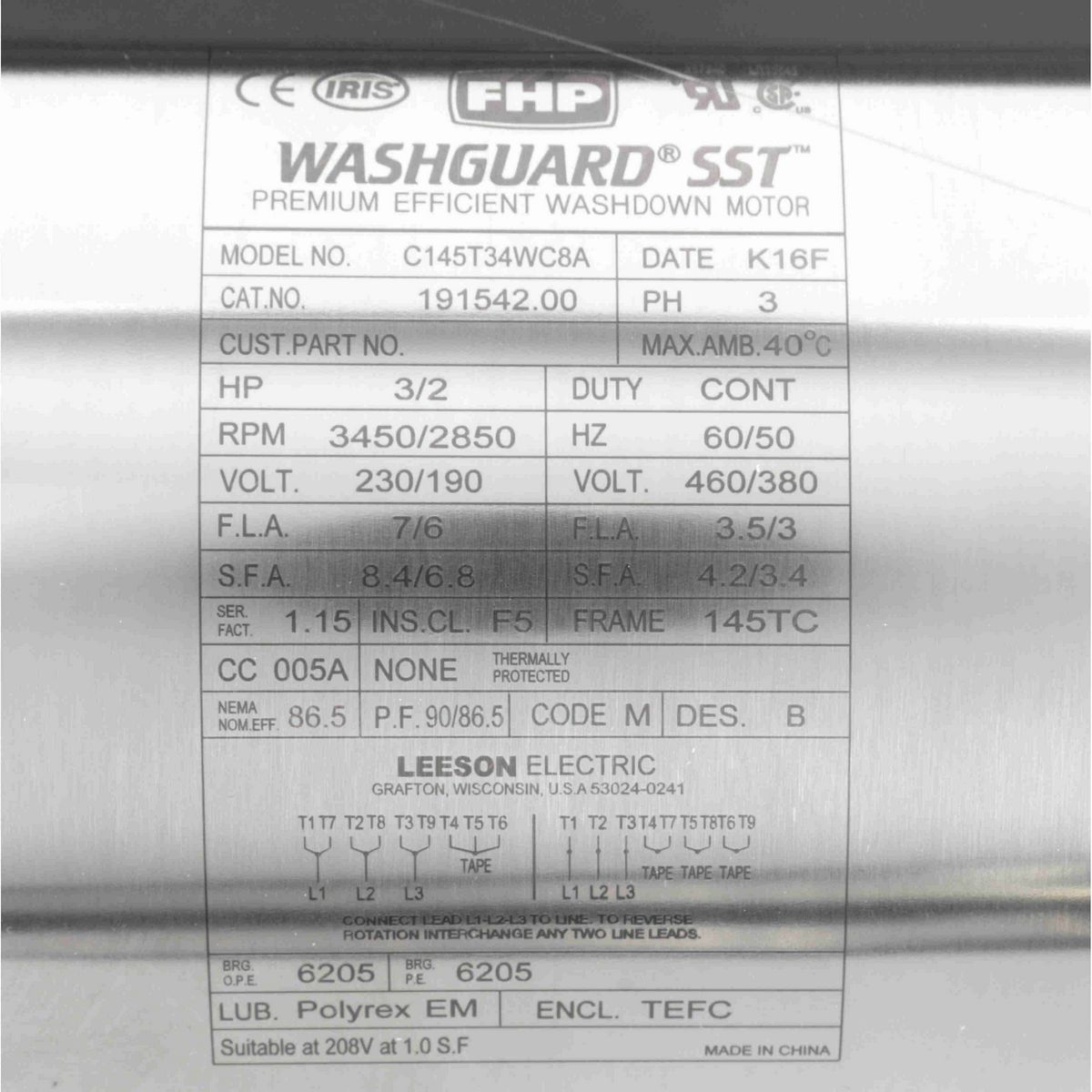LEESON SST Duck™ General Purpose Motor, 3 & 2 HP, 3 Ph, 60 & 50 Hz, 230/460 & 190/380 V, 3600 & 3000 RPM, 145TC Frame, TEFC - 191542.00